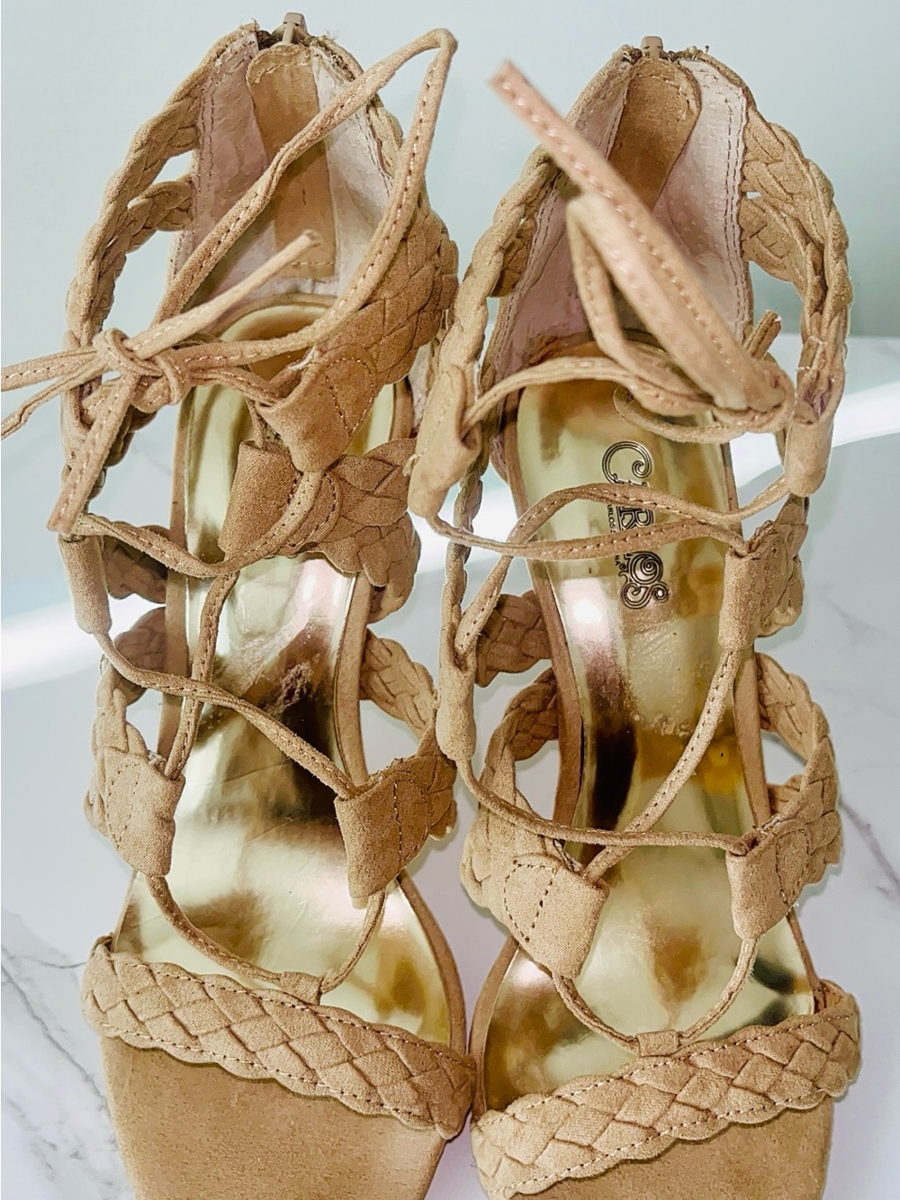 Carlos by Carlos Santana Braided Lace-Up Heels in Tan